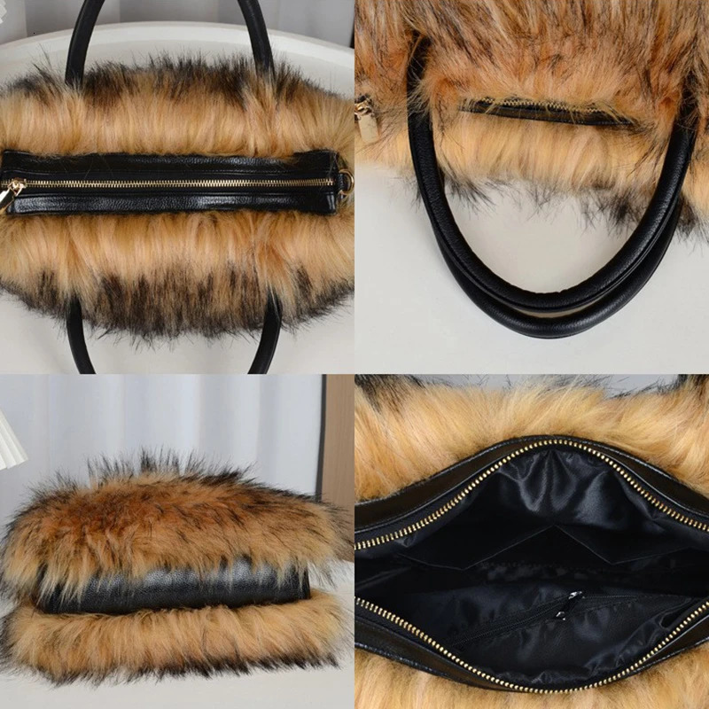 Autumn Winter Faux Fur Tote Bag For Women Rectangular Large Capacity Plush Handbags American Fashion High Street Crossbody Bags 250911