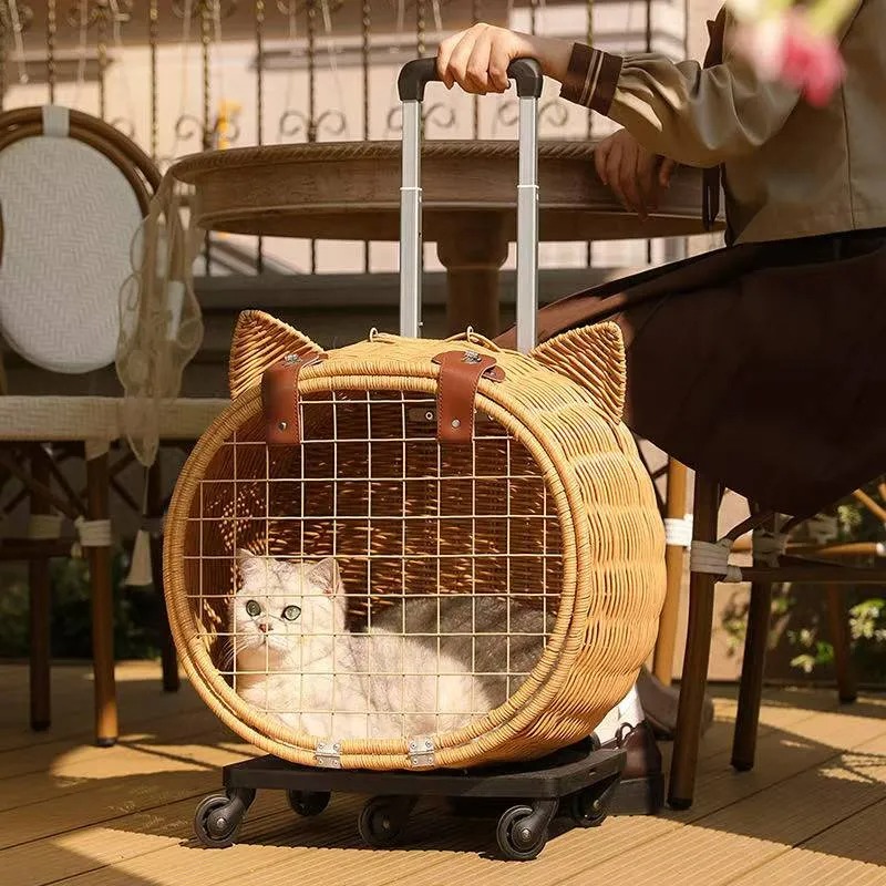 Rattan weaving Durable Wheel-Equipped Animal Transport Tote pet stroller- Ideal for Carrying Cats or Dogs under 20lbs Easily during Travels