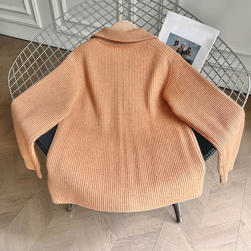 Luxury Y2K Designer Vintage Oversized Women's 100% Cashmere Brown Pocket Knit Cardigan Stand Collar Loose Fit Zip Up Classic Cuffed Sleeves Soft 