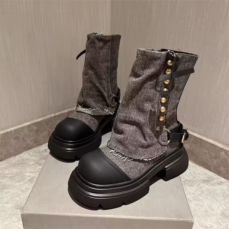 Designer Shoes New Denim Metal Buckle Short Round Toe Thick Sole Casual Ankle Martin Boots Women's Shoes
