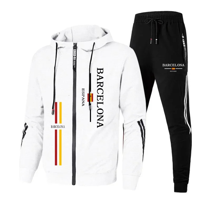 Fall Winter Daily Casual Sporty Jogger Set Gym Fitness Sportswear Barcelona Print Mens Tracksuit Zipup Hoodie Black Sweatpants 250915