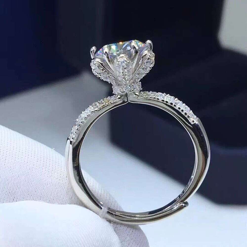 Pure Silver One Ice Queen Holding Flower Moissanite Diamond Ring for Women Wedding Engagement with