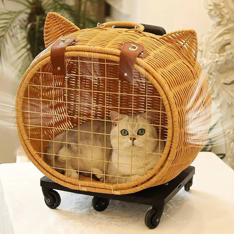 Rattan weaving Durable Wheel-Equipped Animal Transport Tote pet stroller- Ideal for Carrying Cats or Dogs under 20lbs Easily during Travels