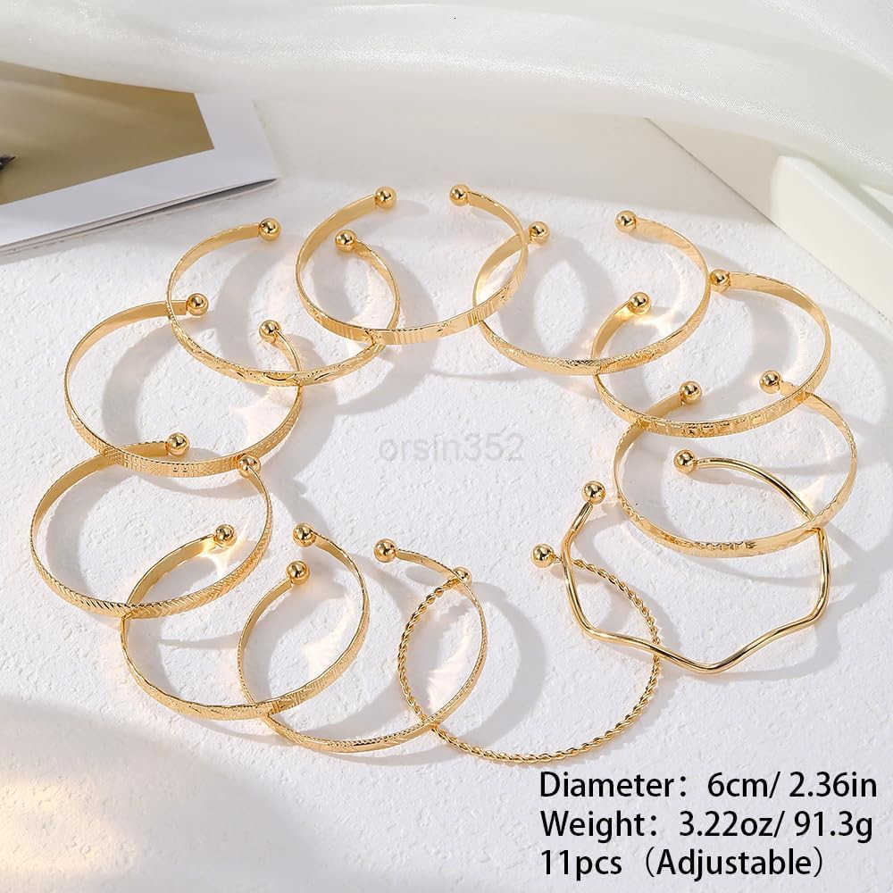 11 Pcs Gold Bangles for Women Adjustable Bangle Bracelets Multi Layer Open Stackable Cuff Bracelet Set Fashion Accessories Jewelry Gifts for Women Y26