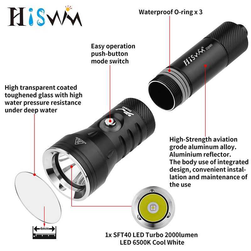 HISWN D260 Professional Scuba Diving Flashlight 2000LM Ultra bright SFT40 LED 21700 rechargeable lamp Intelligent power display C250915