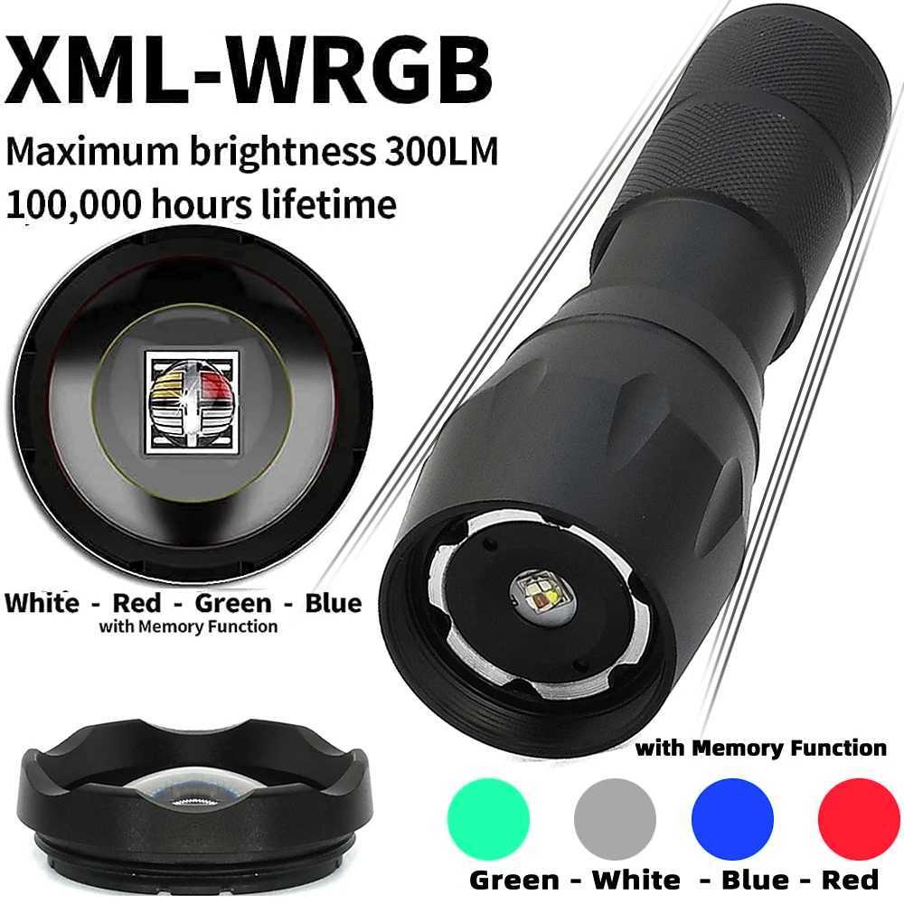 Upgraded Zoomable Red Flashlight 4 Color in 1 Flash Light Green Red Blue White MultiColor RGBW Led with Memory for Fishing C250915