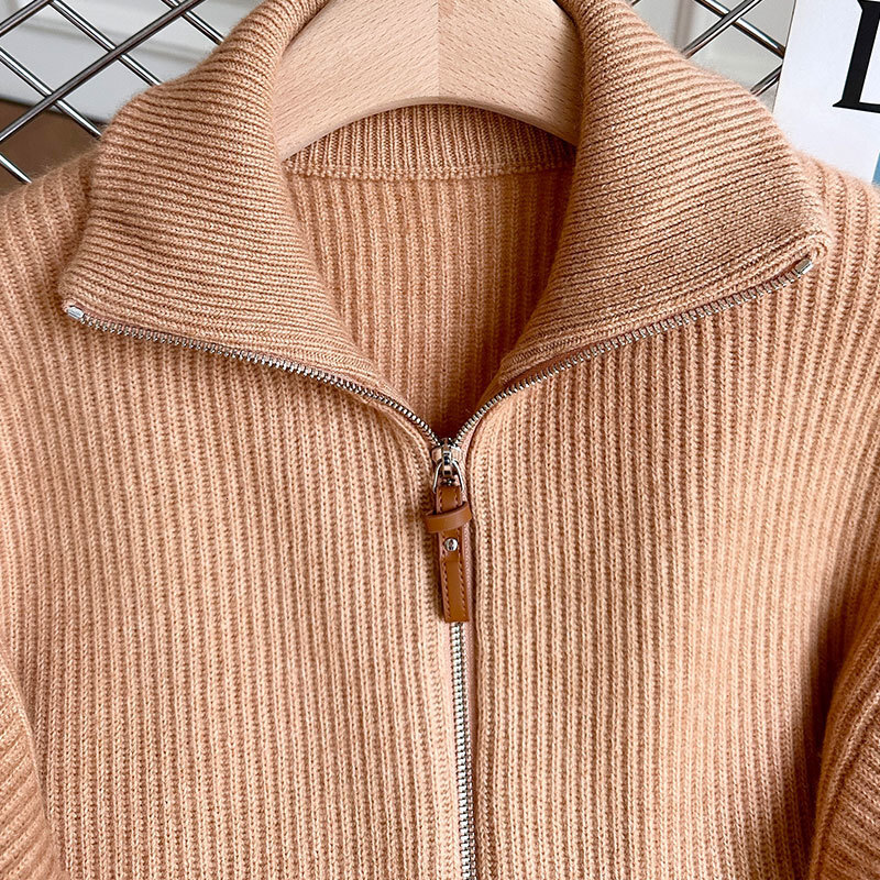 Luxury Y2K Designer Vintage Oversized Women's 100% Cashmere Brown Pocket Knit Cardigan Stand Collar Loose Fit Zip Up Classic Cuffed Sleeves Soft 