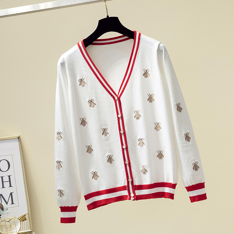 Early Autumn New Bee Embroidery Slimming Ice Silk Knitted Sweater Little Chanel Style Top Coat Sweater Trendy Cardigan for Women