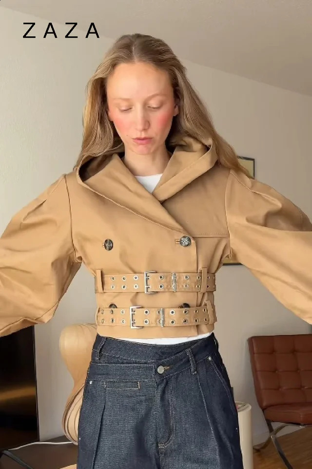 Womens Autumn Punk Long Trench Coat Bat Sleeve Double Breasted Jackets Slim Fit Hooded Crop With Belt 2025 Lady Coats 250905