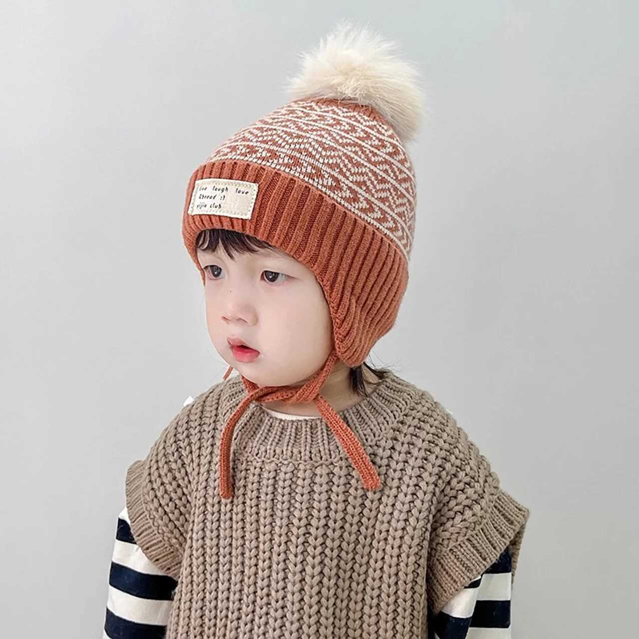 Children Plush Pompom Beanie Winter Warm Kids Ear Protection Cap 26Y Boy Girl Woolen Pullover Cap Fluffy Fur Ball Baby Knit Hat J250915