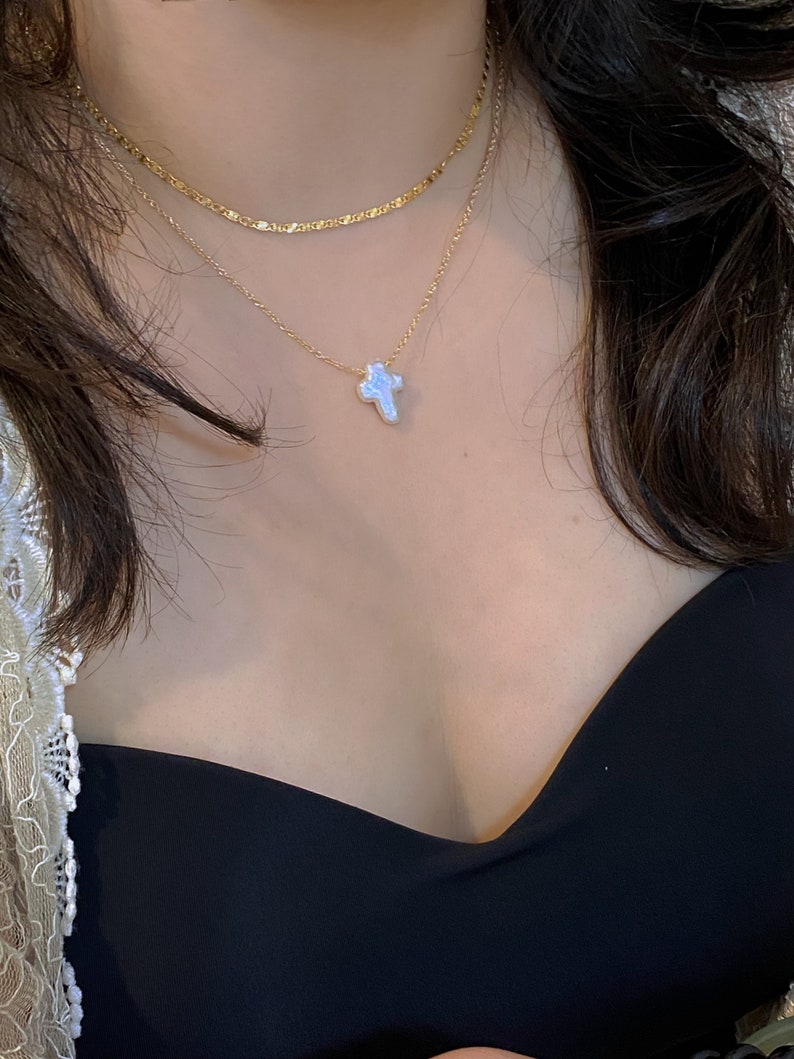 Minimalist White Baroque Cross Pearl Dainty Her Religious Necklace Gift for Shower