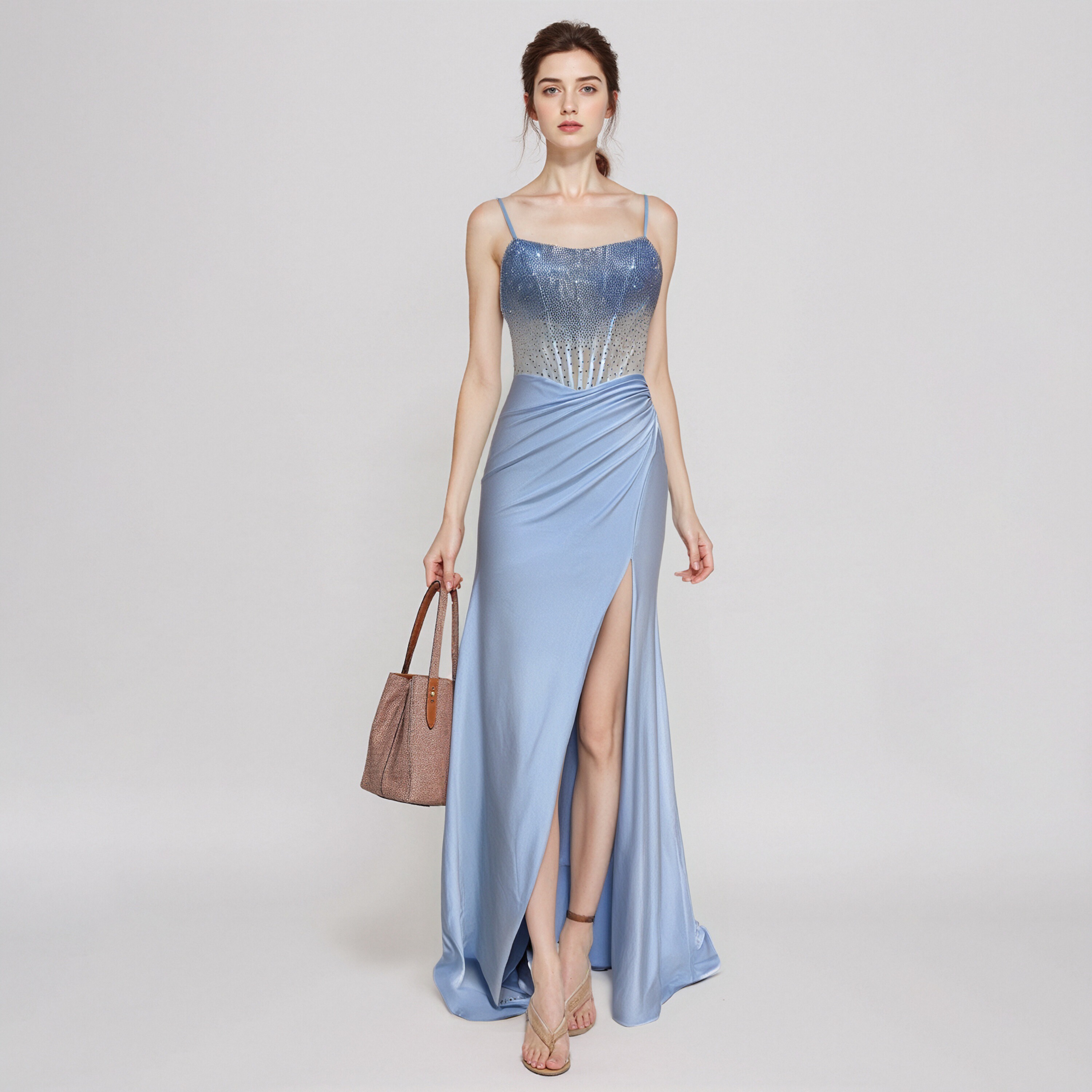 Light Blue Sequin-Embellished Spaghetti Strap Mermaid Evening Gown with High Slit