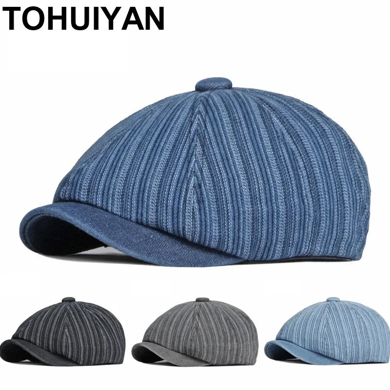 TOHUIYAN Striped Washed Denim Hats For Men Boinas sboy Caps Retro Baker Boy Hat Male Casual Gatsby Caps Women Chapeau Berets 250915