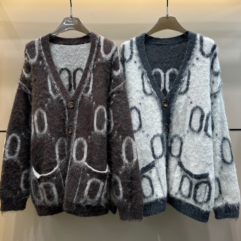 Luxury Mohair Cardigan Sweaters Women Autumn Winter V Neck Elegant Knitted Jacket Street Style Letters Loose Sweater Coat