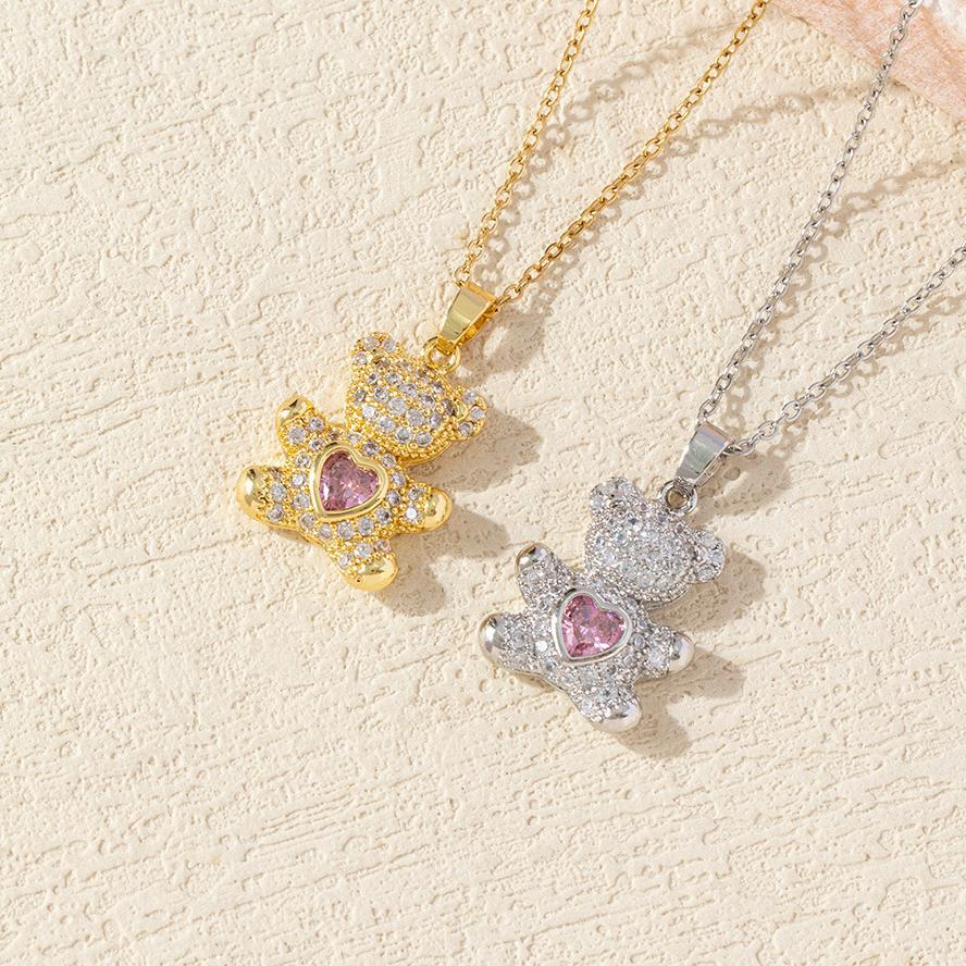 Gold - Toned Teddy Bear Pendant Necklace With Rhinestone And Pink Heart Gem Accents Delicate Daily & Elegant Jewelry Gift For Her High - Quality And S