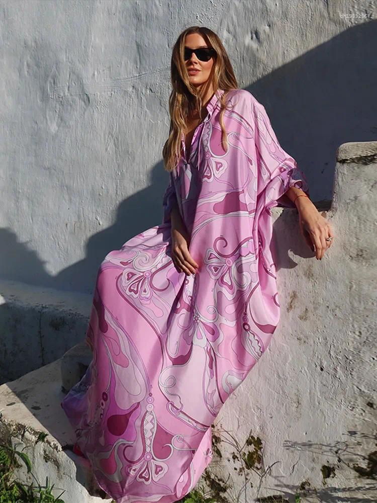 Casual Dresses Oversized Women's Print Kaftan Maxi Dress With Pink Pattern Loose Fit Full Sleeve Long Summer Beach Vacation Outfit Robe