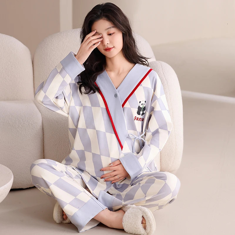 Autumn Postpartum Woman Breastfeeding Pajama Sets Long Sleeve Nursing Top ShirtsPants 2PCSSET Maternity Lactation Clothes Set 250915