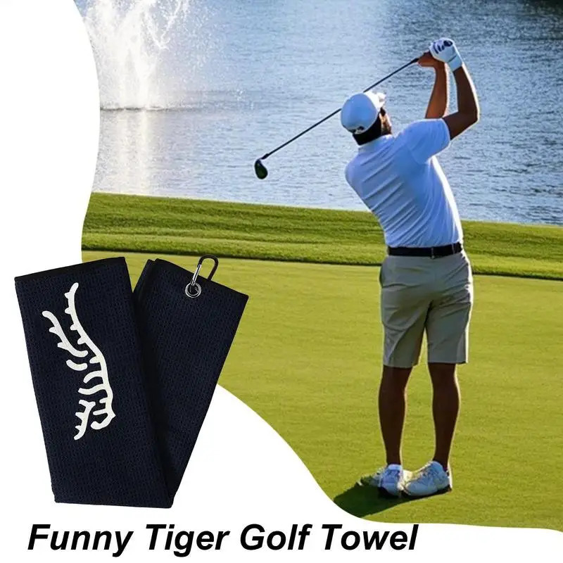 black funny Tiger ed Golf Towel Microfiber Polyester and Nylon Hand Wash Only Blue Waffle Texture Soft Material 250915