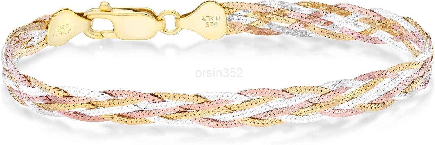 925 Sterling Silver TriColor 18K Gold Plated 6Strand DiamondCut 7mm Braided Herringbone Chain Bracelet for Women Made in ItalyW250915