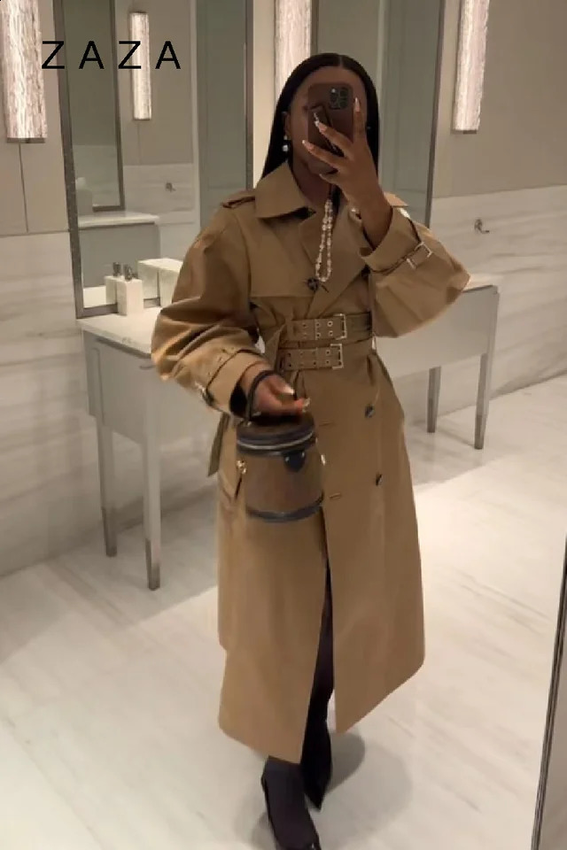 Womens Autumn Punk Long Trench Coat Bat Sleeve Double Breasted Jackets Slim Fit Hooded Crop With Belt 2025 Lady Coats 250905