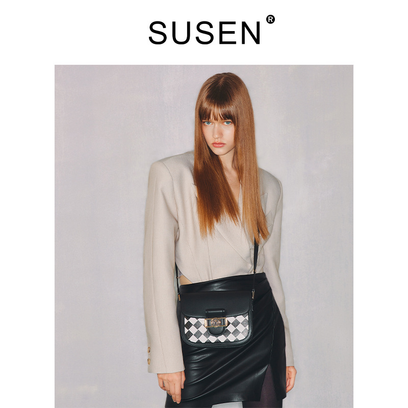 SUSEN checkerboard saddle bag 2025 new crossbody bag women's spring and summer retro niche texture one-shoulder saddle bag