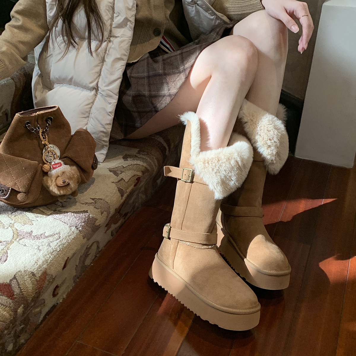 Super Big Fox Fur Snow Boots Real Cowhide Leather Warm Winter Shoes for Women | Black & Brown