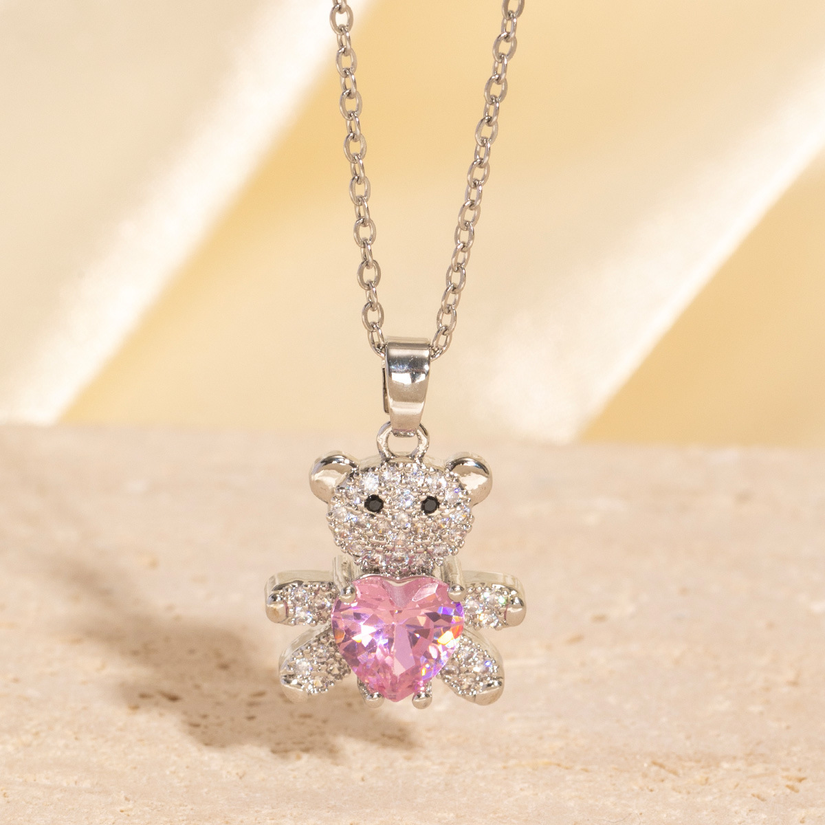 Gold - Toned Teddy Bear Pendant Necklace With Rhinestone And Pink Heart Gem Accents Delicate Daily & Elegant Jewelry Gift For Her High - Quality And S