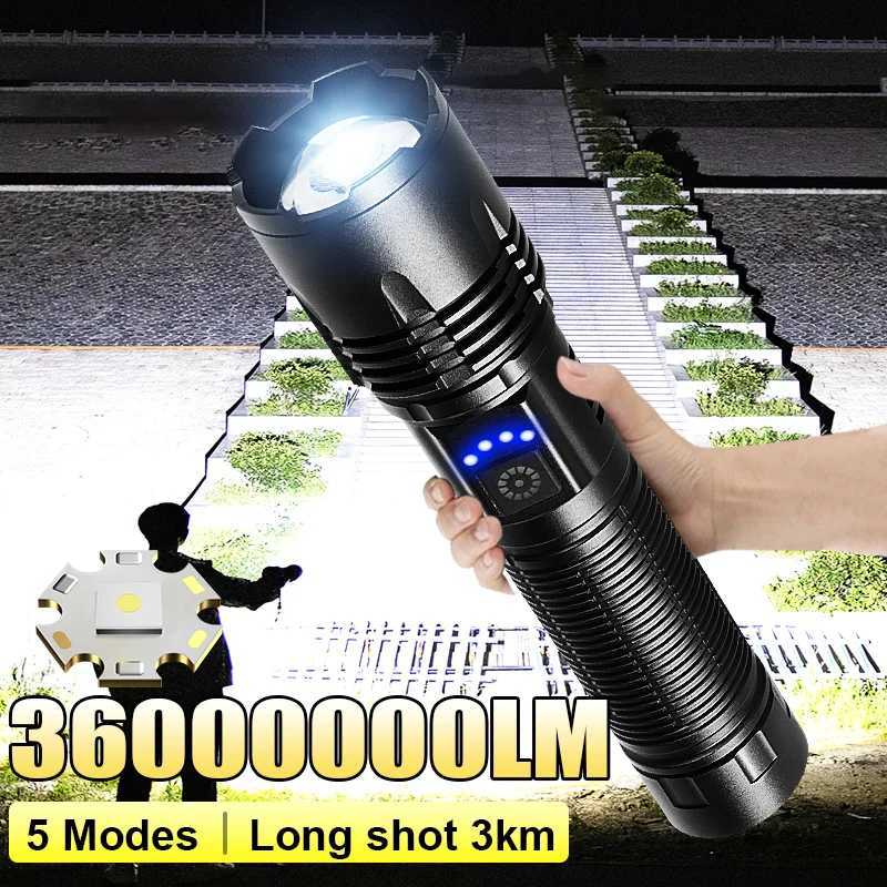Newest Powerful LED Flashlight 3600000lm Super Bright Torch Long Shot 3km Spotlight Rechargeable 5000mAh Portable Camping Lantre C250915