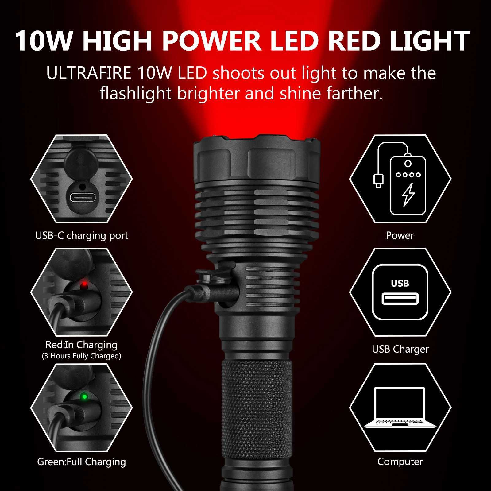 UltraFire C15R Red Light Hunting Flashlight 10W 2 Modes Coyote Light 18650 USB TypeC Rechargeable Predator Varmint Torch Lights C250915