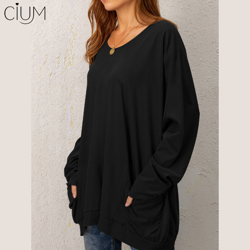 2025 New Plus Size Tunic Dress with Pockets, Loose Fit Long Sleeve Irregular Hem Casual Dress for Women CF23351