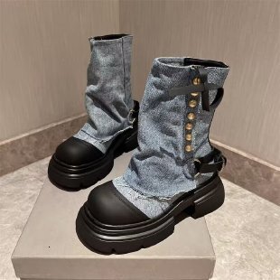 Designer Shoes New Denim Metal Buckle Short Round Toe Thick Sole Casual Ankle Martin Boots Women's Shoes