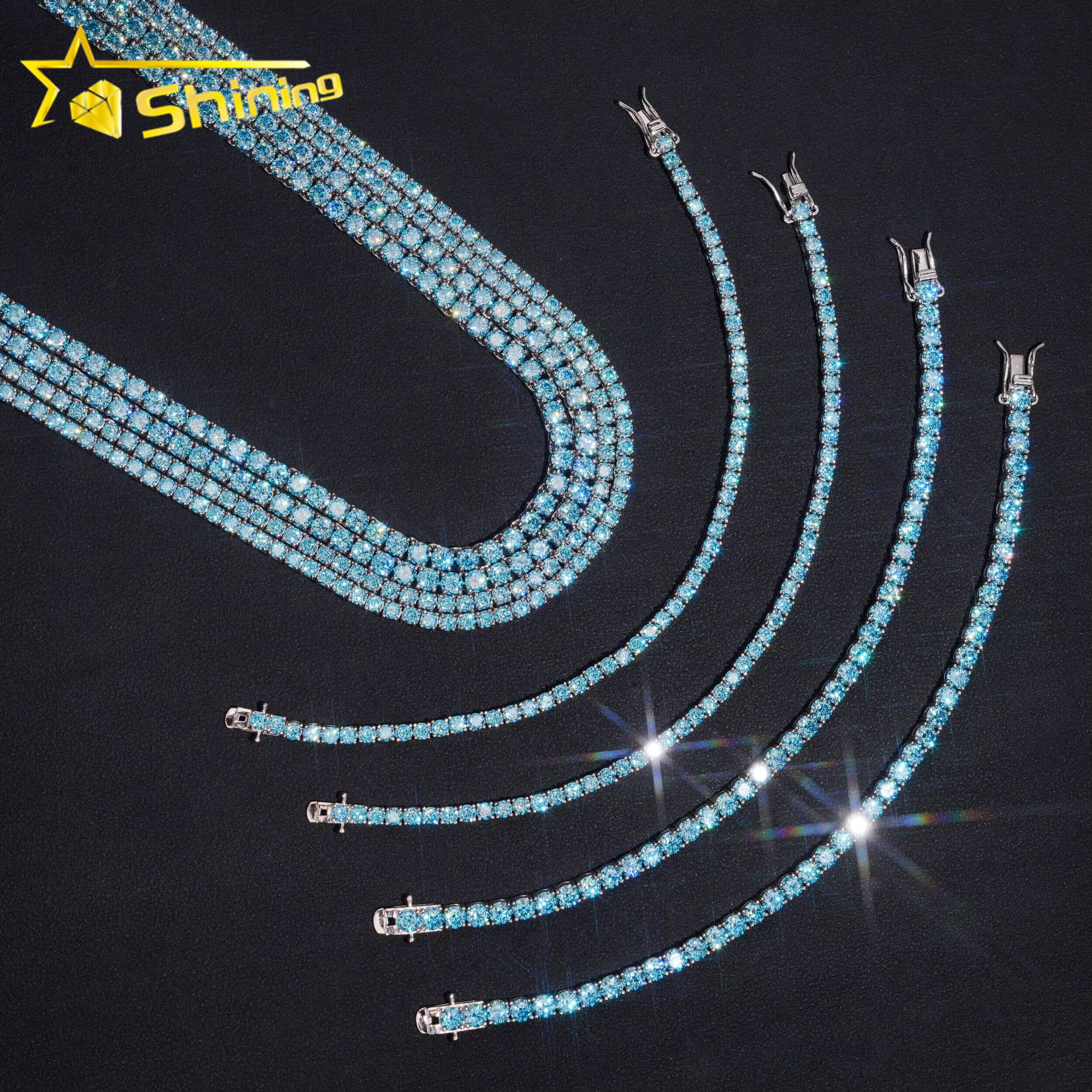 New Stocks 4mm Factory Wholesale Price Solid S925 Rhodium Plated Hip Hop Necklace Blue Color Moissanite Diamond Tennis Chain