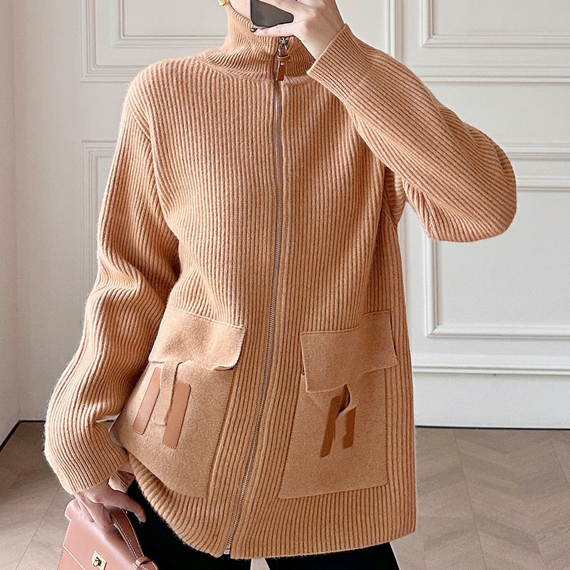 Luxury Y2K Designer Vintage Oversized Women's 100% Cashmere Brown Pocket Knit Cardigan Stand Collar Loose Fit Zip Up Classic Cuffed Sleeves Soft 