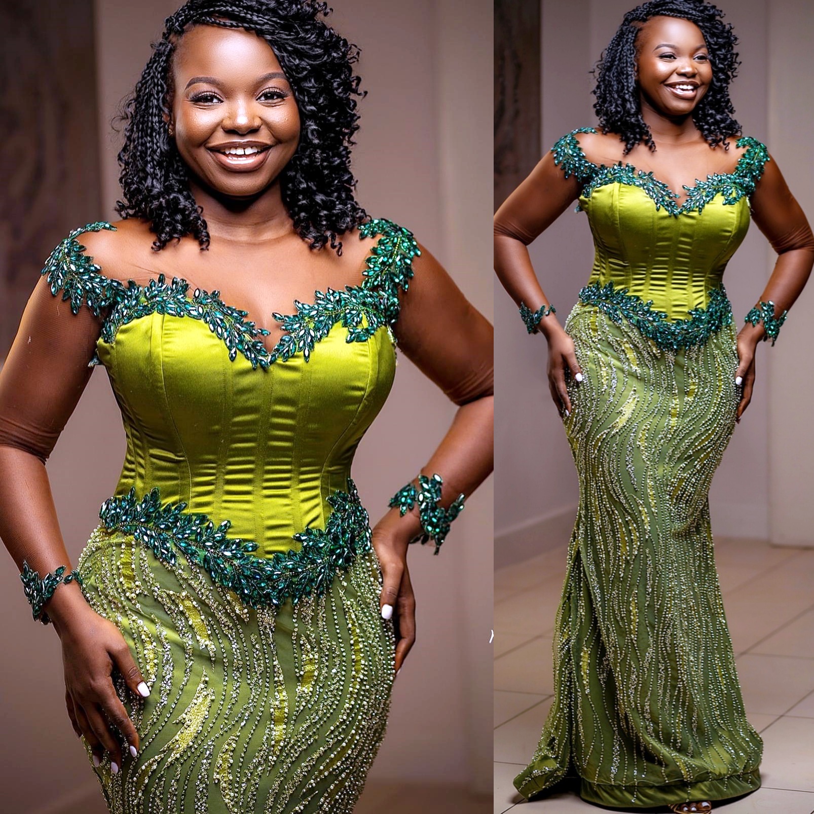 Aso Ebi Olive Green Mermaid Prom Dresses 2025 Crystals Full Sleeves Evening Formal Party Second Birthday Engagement Gowns Plus Size Dress For Special 