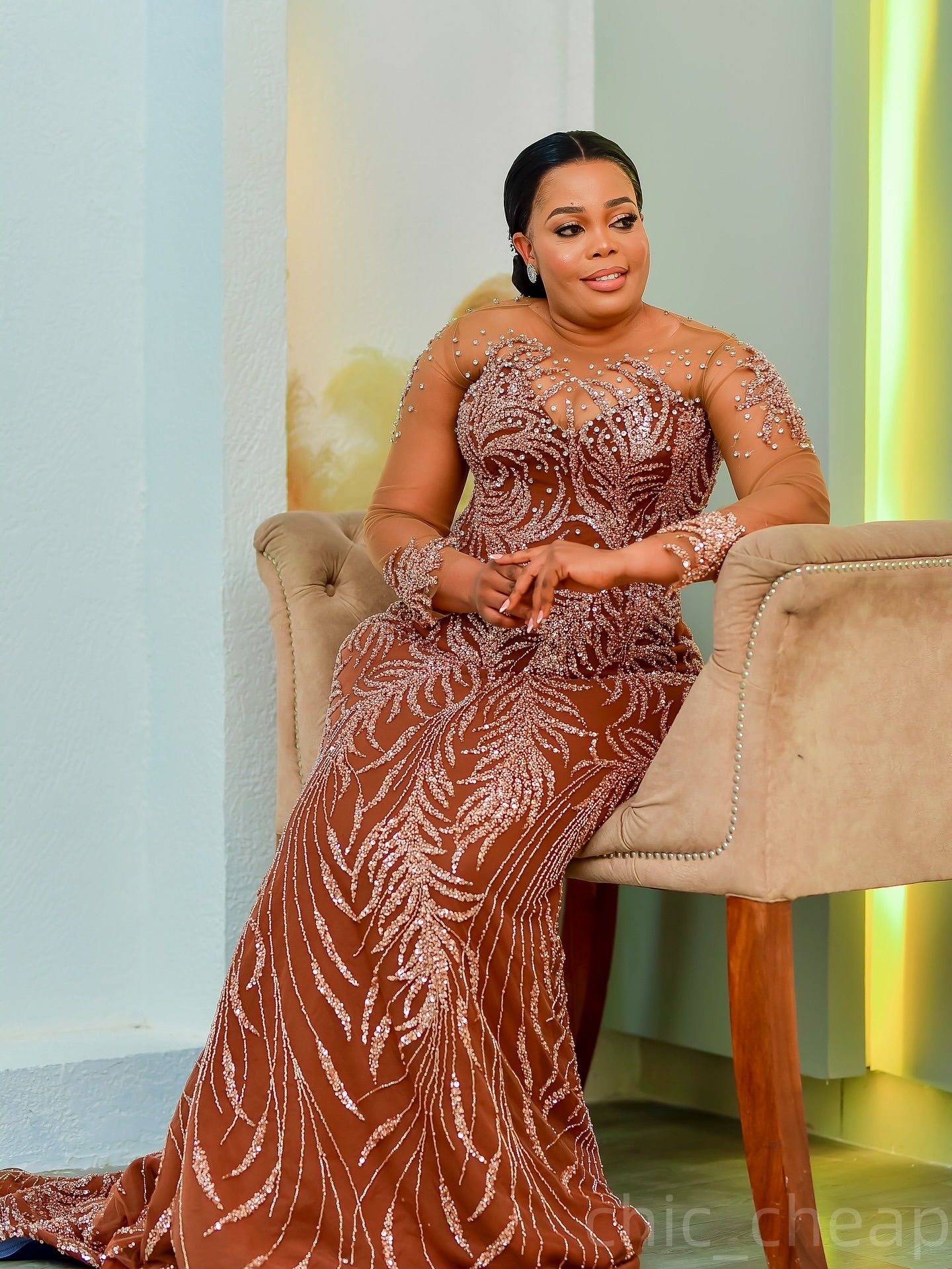 Aso Ebi Brown Mermaid Prom Dresses 2025 Crystals Sequined Illusion Evening Formal Party Second Birthday Engagement Gowns Plus Size Dress For Special O