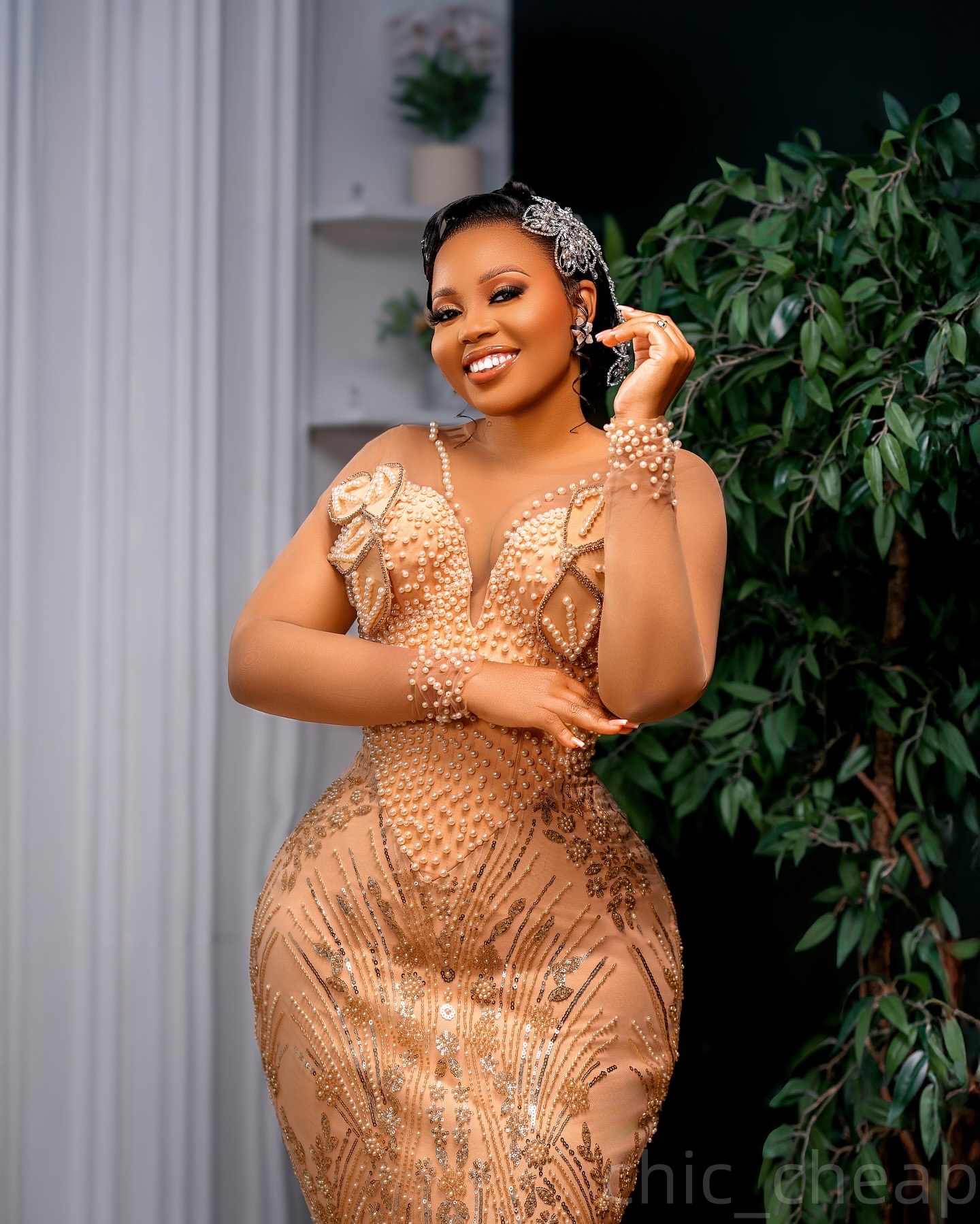 Aso Ebi Champagne Mermaid Prom Dresses 2025 Florals Pearls Sequined Evening Formal Party Second Birthday Engagement Gowns Plus Size Dress For Special 