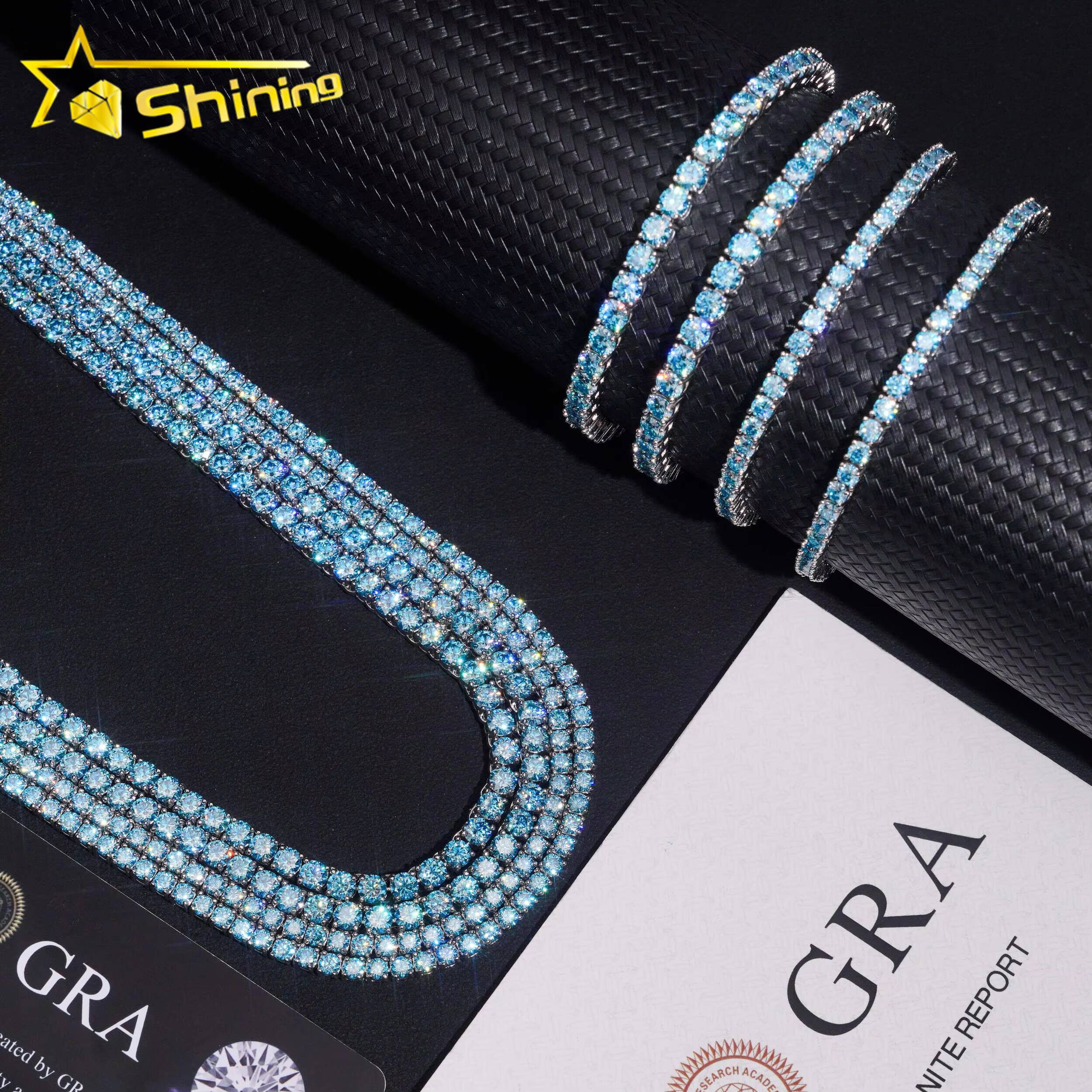 New Stocks 4mm Factory Wholesale Price Solid S925 Rhodium Plated Hip Hop Necklace Blue Color Moissanite Diamond Tennis Chain