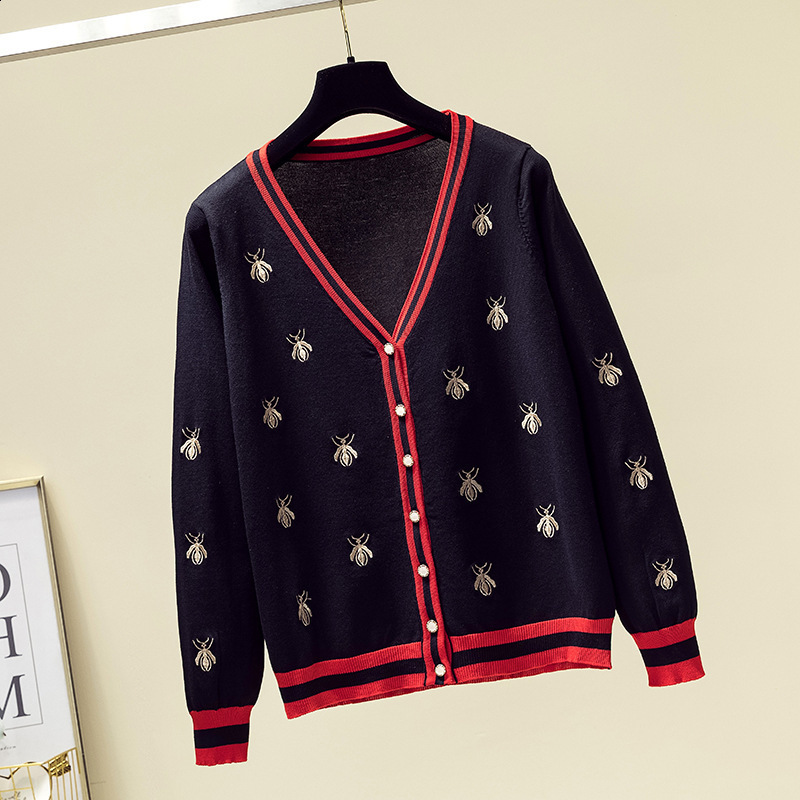 Early Autumn New Bee Embroidery Slimming Ice Silk Knitted Sweater Little Chanel Style Top Coat Sweater Trendy Cardigan for Women