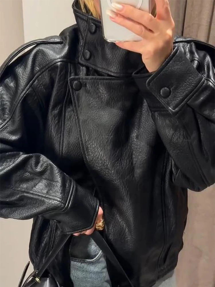 Stand Collar Womens Jacket Full Sleeve Double Button Solid Female Leather Jackets 2025 Autumn Fashion High Street Lady Outwears 250906