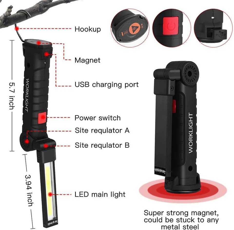 Portable COB High Power LED Flashlight USB Rechargeable Camping Lamp Torch Car Repairing Work Light Hanging Hook Magnet 5 Modes C250915