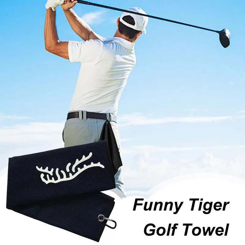 black funny Tiger ed Golf Towel Microfiber Polyester and Nylon Hand Wash Only Blue Waffle Texture Soft Material 250915