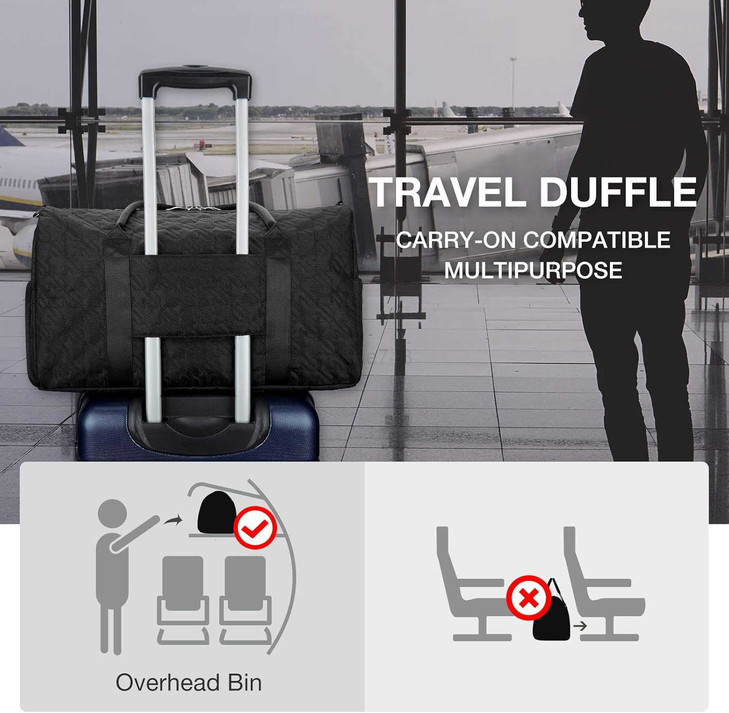 Black 40L Travel Duffle Bag with Shoes Compartment Carry On Weekender Overnight Bag for Men WomenZ250915