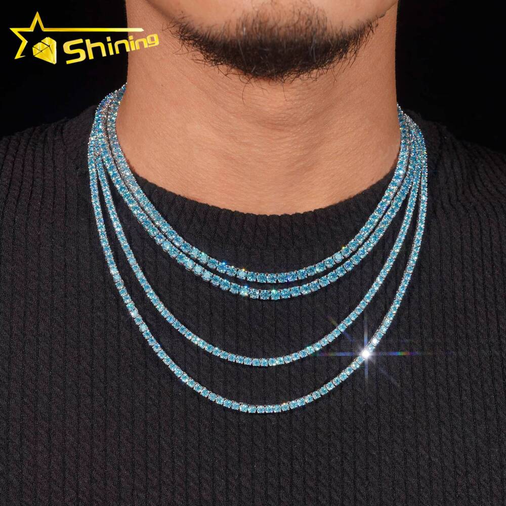 New Stocks 4mm Factory Wholesale Price Solid S925 Rhodium Plated Hip Hop Necklace Blue Color Moissanite Diamond Tennis Chain