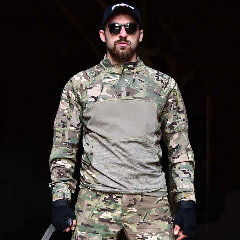 Mens Camouflage Tactical Combat Shirt Stretch Cotton 14 Zipper Uniform Shirts Long Sleeve Camo T ShirtXJ250915