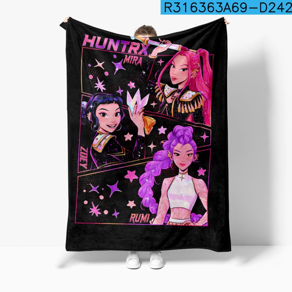 Huntrix Flannel Blanket Demon Hunters Movie Graphic Throw Blanket Vintage Throw Blankets Kpop Concert Gift Witch Squad