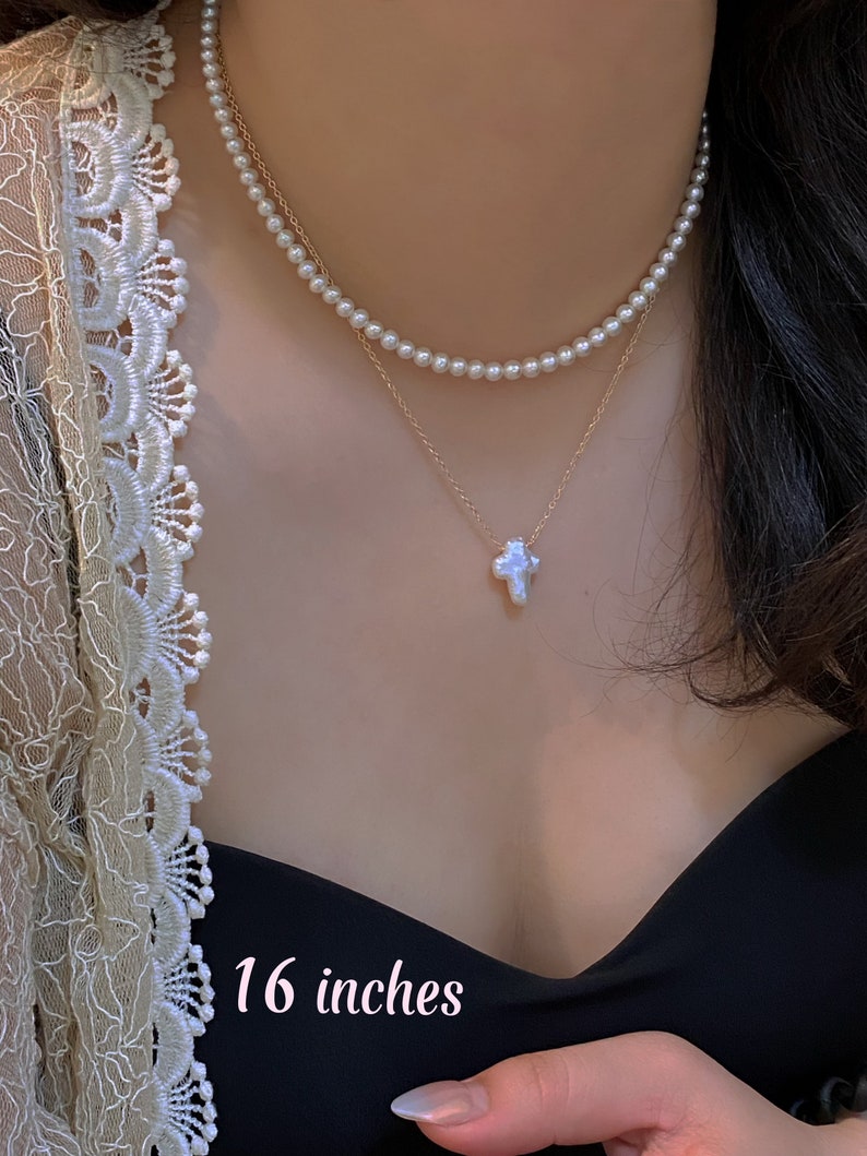Minimalist White Baroque Cross Pearl Dainty Her Religious Necklace Gift for Shower