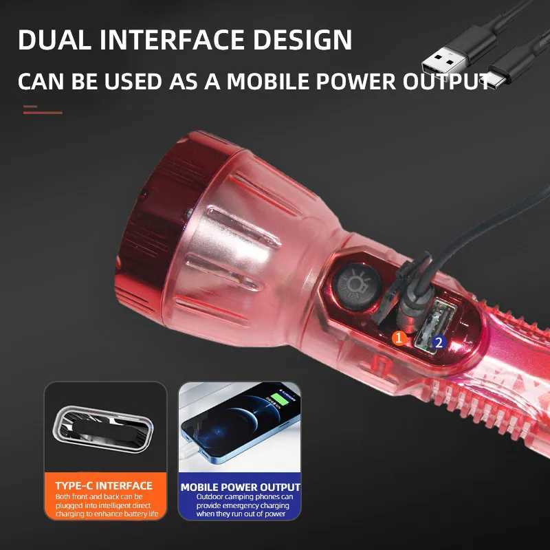Portable Transparent Flashlight Solar USB Rechargeable Torch 3 Lighting Modes Outdoor Waterproof Adventure Fishing Flashlight C250915