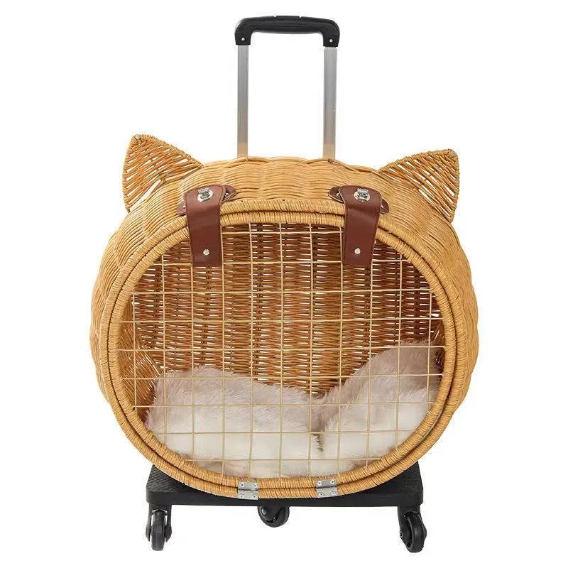 Rattan weaving Durable Wheel-Equipped Animal Transport Tote pet stroller- Ideal for Carrying Cats or Dogs under 20lbs Easily during Travels