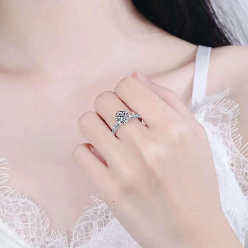 Pure Silver One Ice Queen Holding Flower Moissanite Diamond Ring for Women Wedding Engagement with