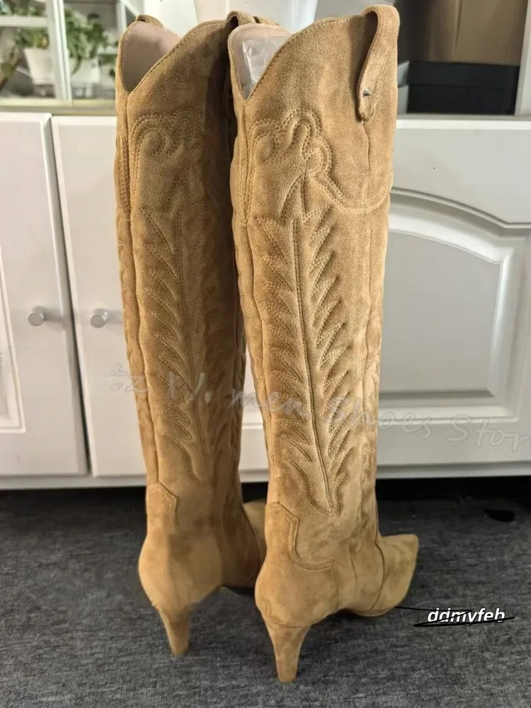 Totem Cowboy Knee High Boots Vintage Concise Elegant Fashion Slip-On Pointed Toe Thin Heels Women Shoes New Solid Color ddmyFeb